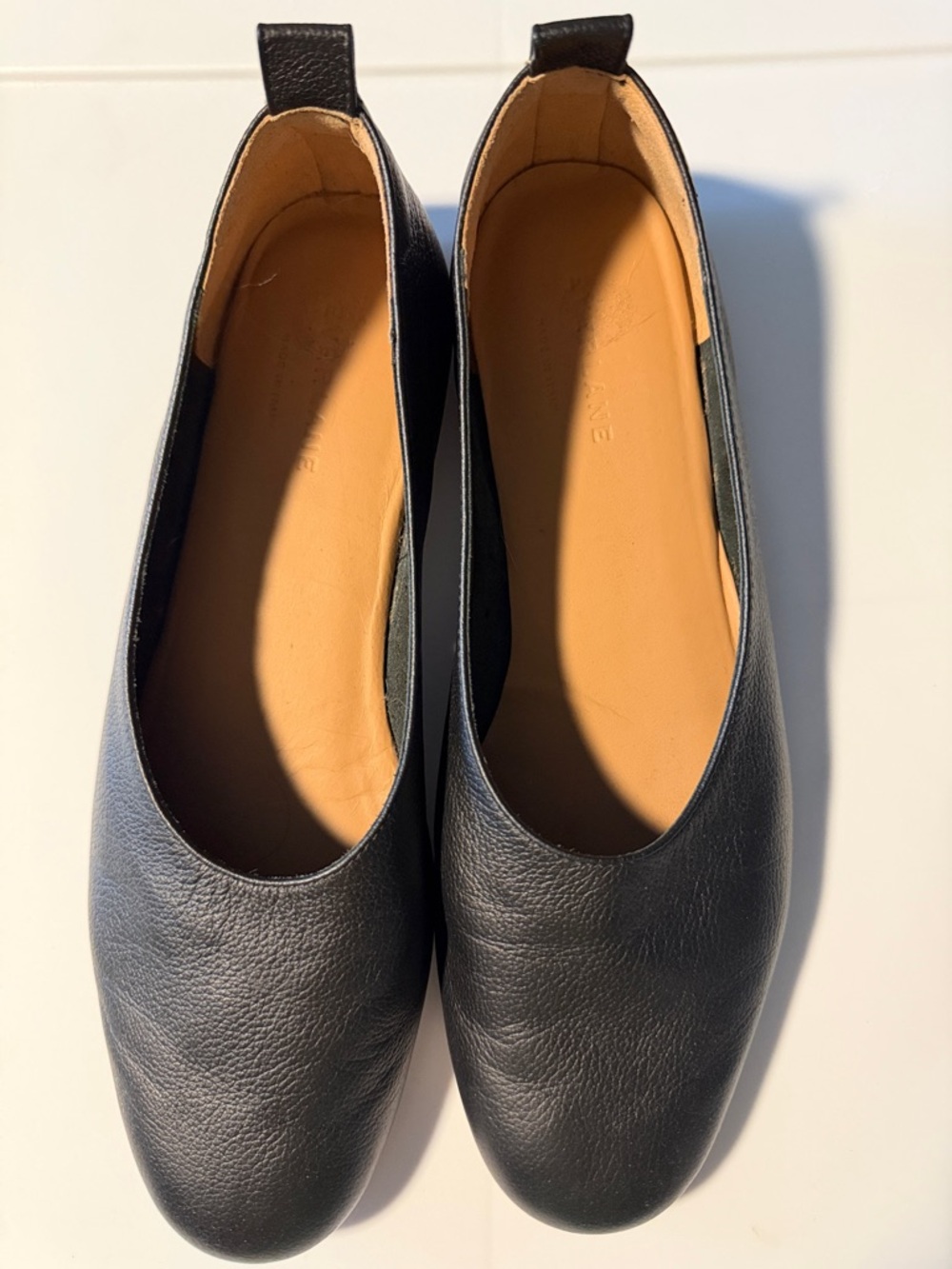 Everlane Black Leather Ballet Flats with Tan Insole